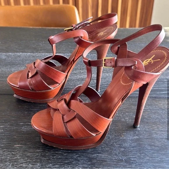 Saint Laurent Brown Leather Knotted High Heel Sandals - Picture 6 of 6